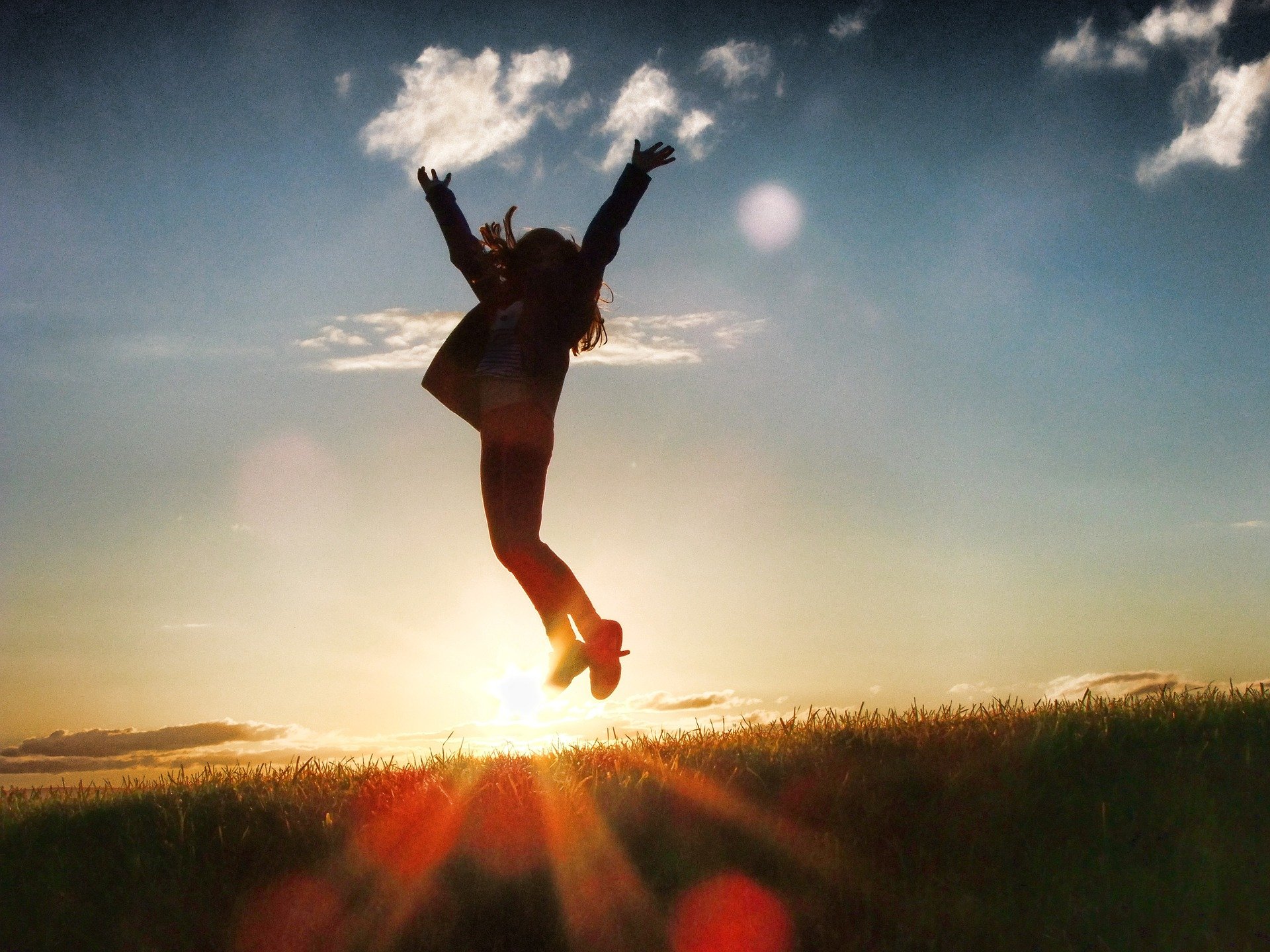 silhouette of a person jumping up in the air in a field at sunset